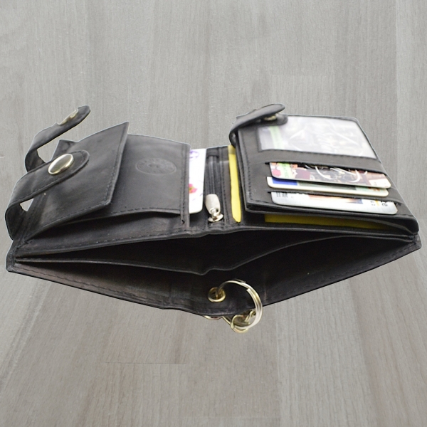 Herren Brieftasche Ledergeldbörse Hochformat mit Karabiener Hosenkette schwarz